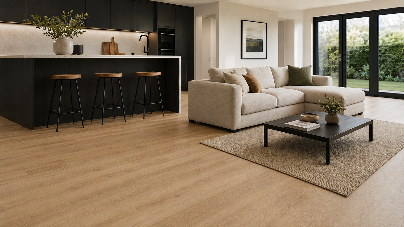 LVT flooring in a modern open-plan kitchen and living room