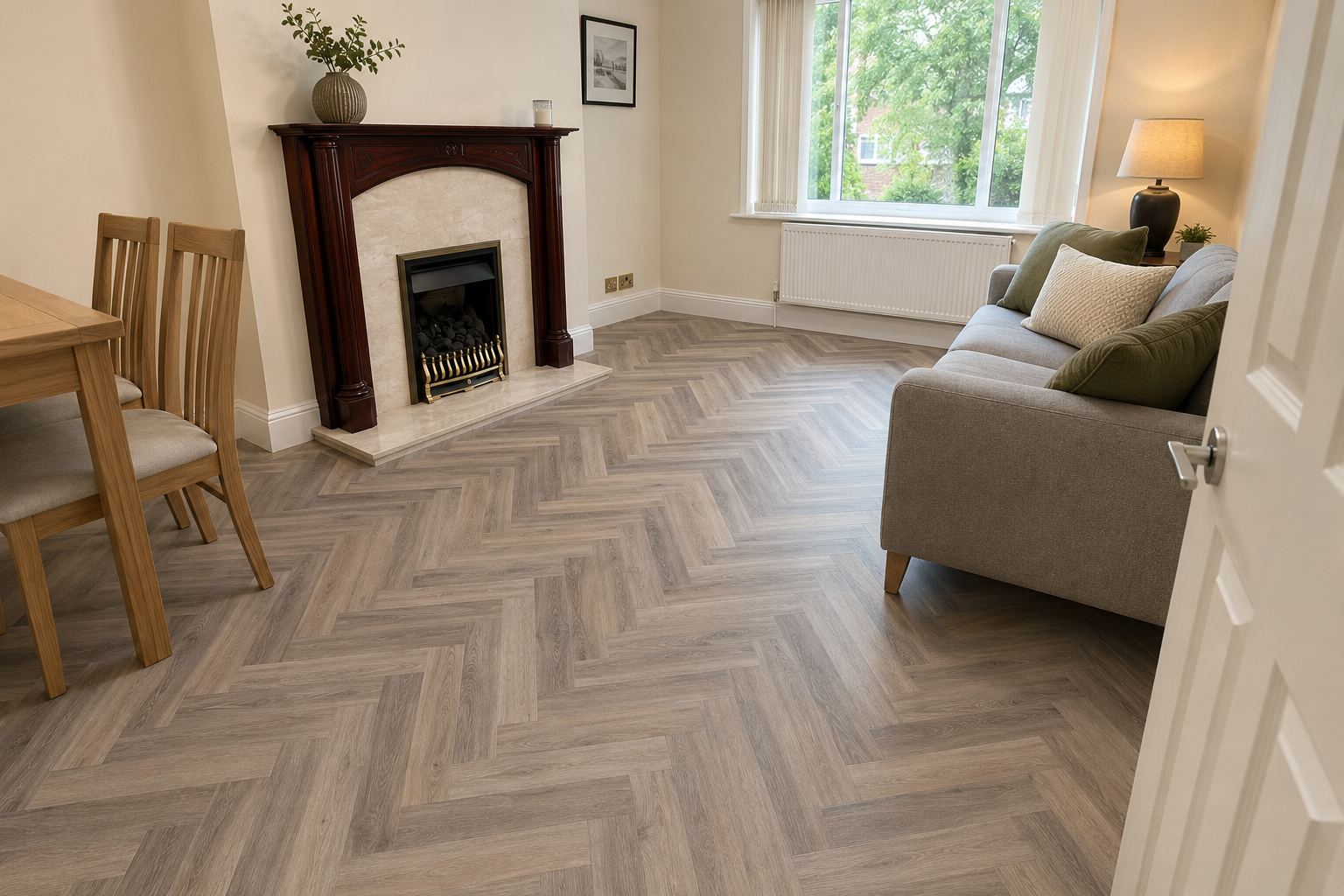 Oak-effect herringbone LVT flooring in an open-plan living and dining room