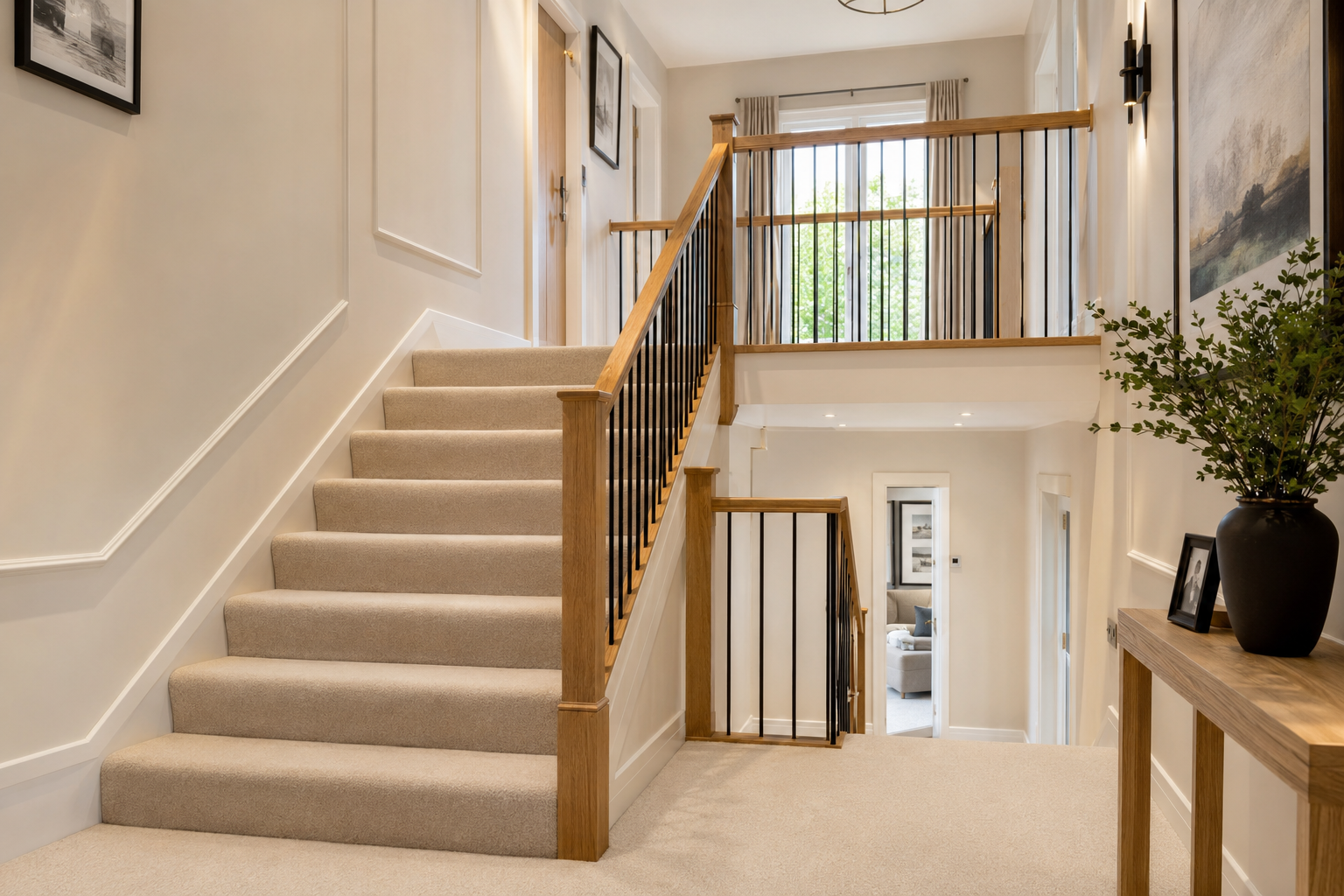 Cream carpeted staircase and landing with an oak balustrade in a bright hallway