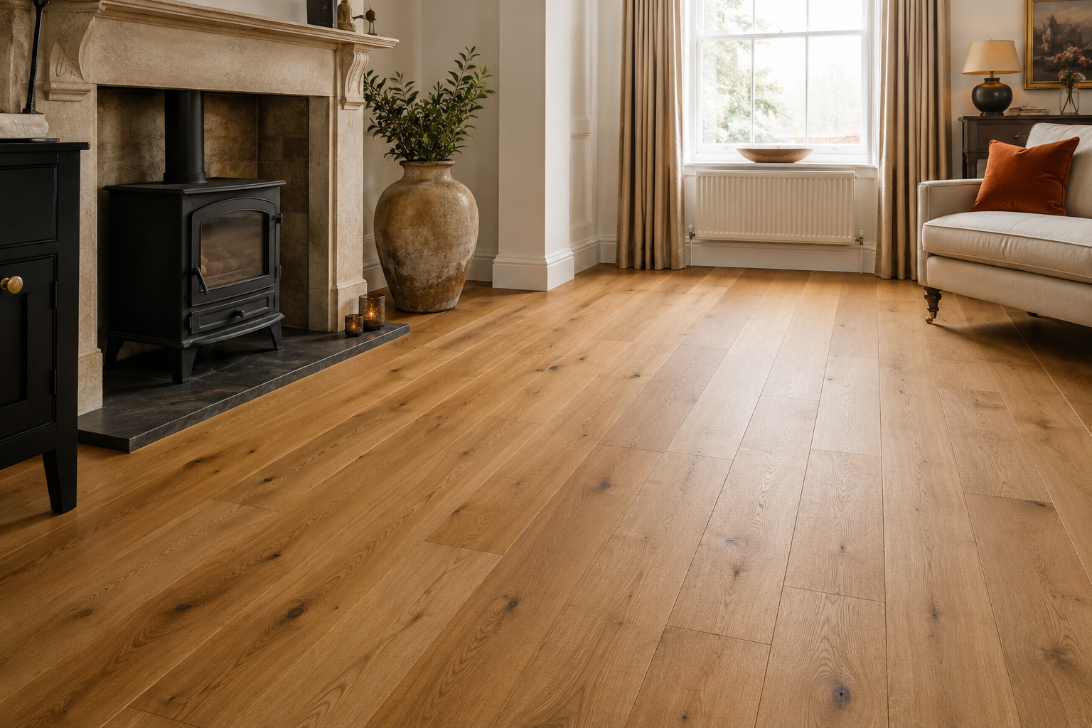 Real wood flooring in a classic living room with a wood-burning stove