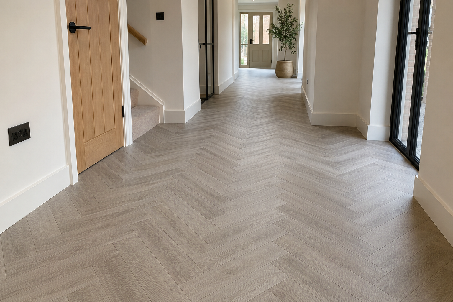 Grey herringbone flooring in a bright modern hallway
