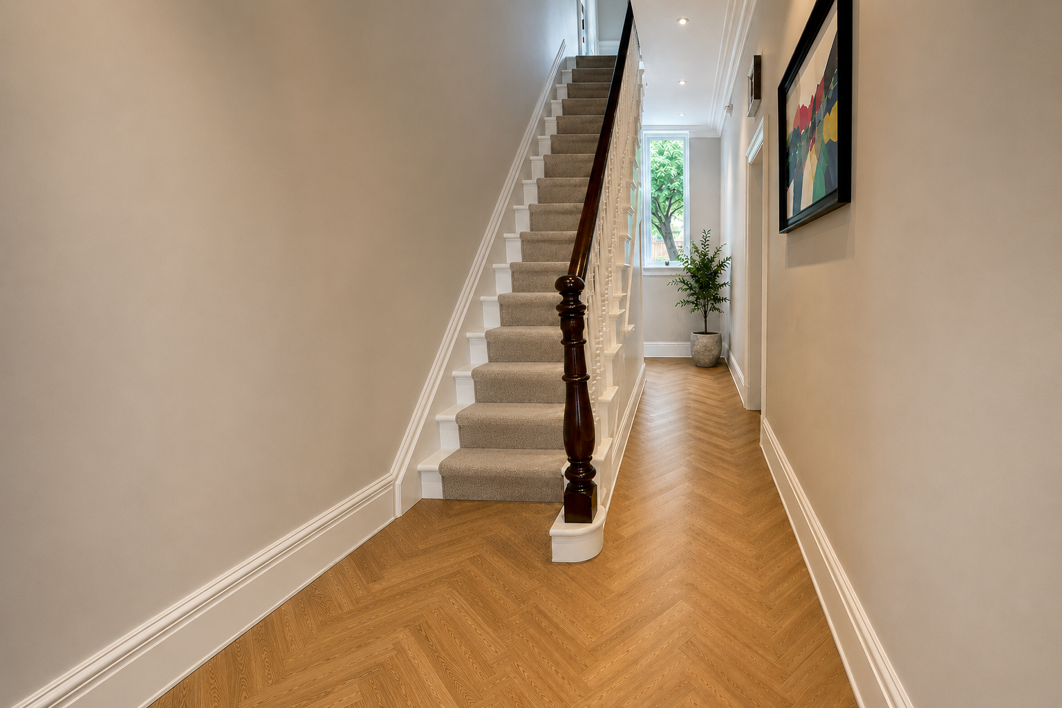 Oak-effect herringbone LVT flooring in a hallway beside a carpeted staircase