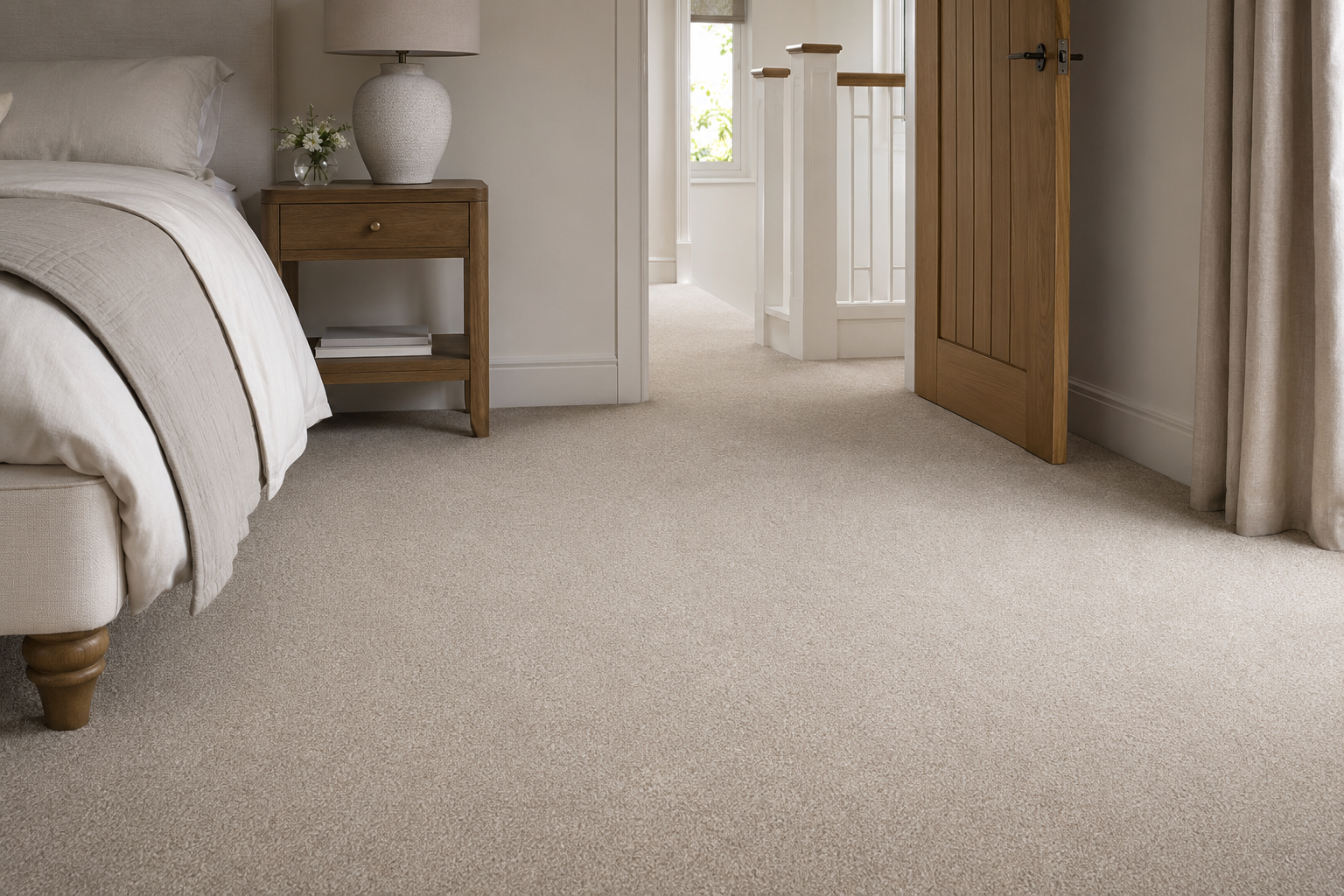 Cream carpet flooring in a bright, calm bedroom