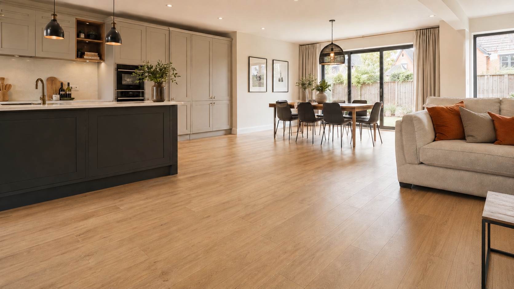 Wood-effect flooring in an open-plan kitchen, dining and living space